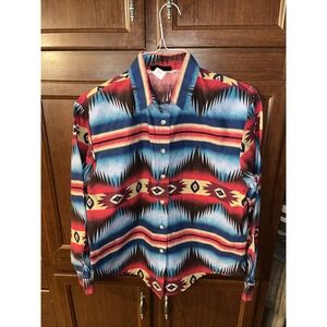rough rider womens med button up long sleeve southwest look red blue Style 3099